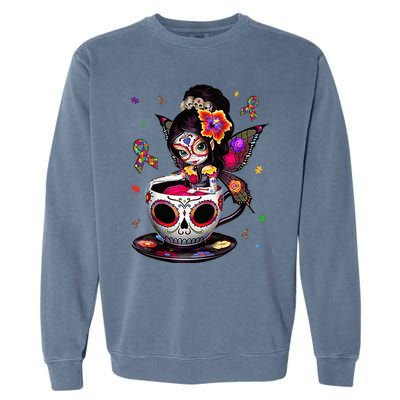 Autism Awareness Coffee Sugar Skull  Autism Dad Mom Gift Garment-Dyed Sweatshirt