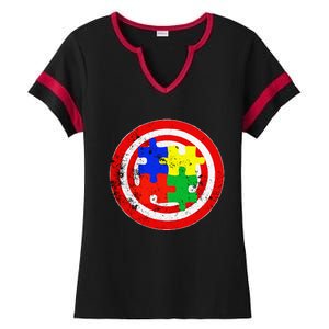 Autism Awareness Captain Autism Puzzle Piece Ladies Halftime Notch Neck Tee