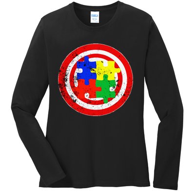 Autism Awareness Captain Autism Puzzle Piece Ladies Long Sleeve Shirt