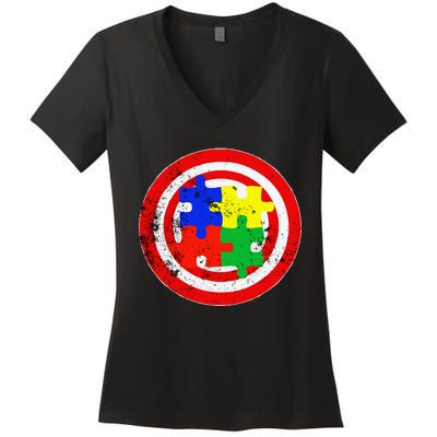 Autism Awareness Captain Autism Puzzle Piece Women's V-Neck T-Shirt