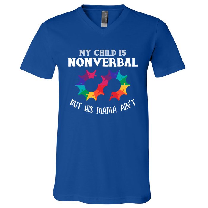 Autism Awareness Cute Gift My Is Nonverbal Mom Puzzle Piece Gift V-Neck T-Shirt