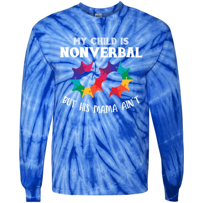 Autism Awareness Cute Gift My Is Nonverbal Mom Puzzle Piece Gift Tie-Dye Long Sleeve Shirt