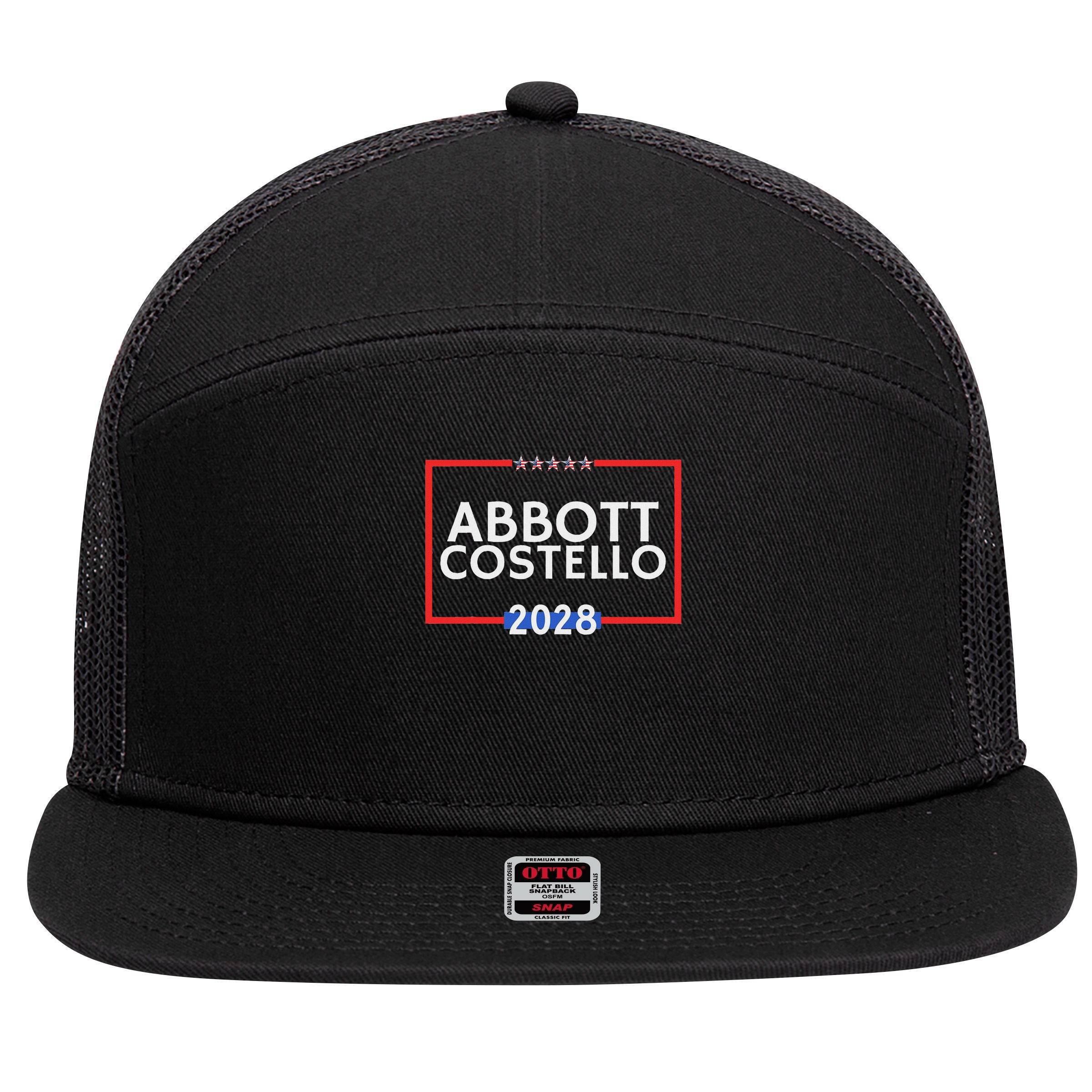 Abbot And Costello 2028 Is Funny Political Election 7 Panel Mesh Trucker Snapback Hat