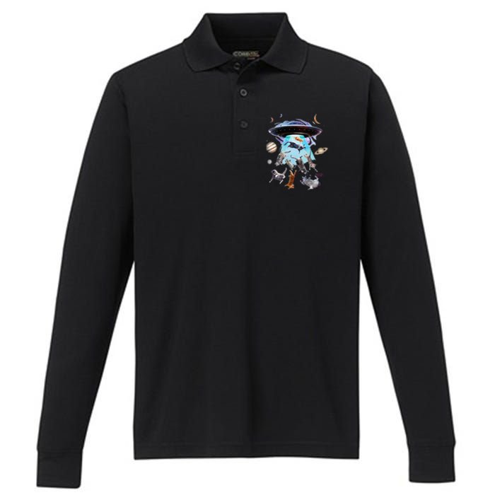 Aliens Abducting Cats Cat Kittens Ufo Saucer Cat Lover Gifts Performance Long Sleeve Polo