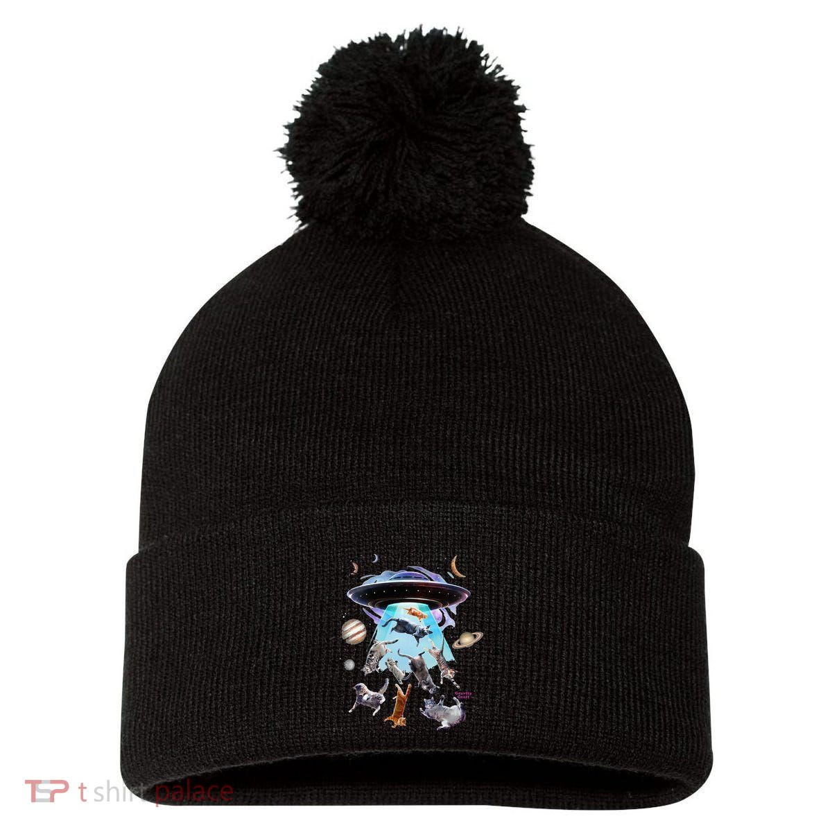 Aliens Abducting Cats Cat Kittens Ufo Saucer Cat Lover Gifts Pom Pom 12in Knit Beanie