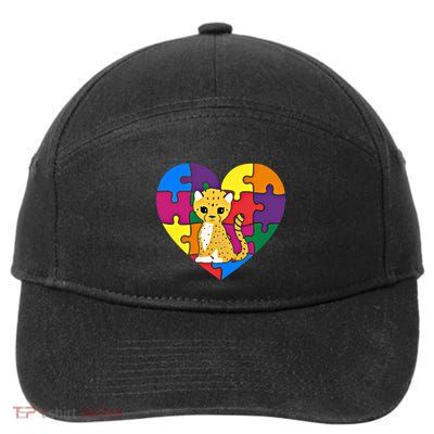 Autism Awareness Cheetahs Heart ValentineS Day Puzzle Piece Funny Gift 7-Panel Snapback Hat