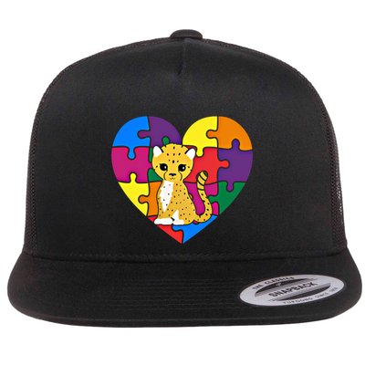 Autism Awareness Cheetahs Heart ValentineS Day Puzzle Piece Funny Gift Flatbill Hat