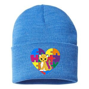 Autism Awareness Cheetahs Heart ValentineS Day Puzzle Piece Funny Gift Sustainable Knit Beanie