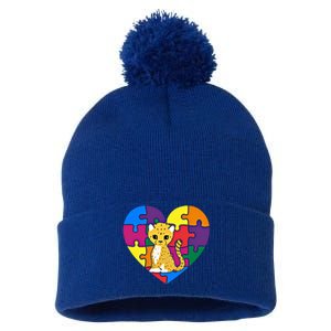 Autism Awareness Cheetahs Heart ValentineS Day Puzzle Piece Funny Gift Pom Pom 12in Knit Beanie