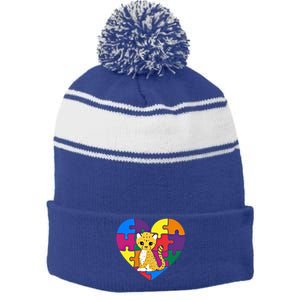 Autism Awareness Cheetahs Heart ValentineS Day Puzzle Piece Funny Gift Stripe Pom Pom Beanie