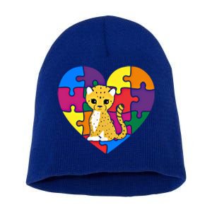 Autism Awareness Cheetahs Heart ValentineS Day Puzzle Piece Funny Gift Short Acrylic Beanie