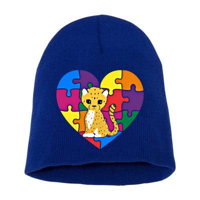 Autism Awareness Cheetahs Heart ValentineS Day Puzzle Piece Funny Gift Short Acrylic Beanie