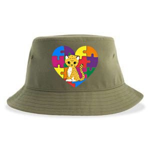 Autism Awareness Cheetahs Heart ValentineS Day Puzzle Piece Funny Gift Sustainable Bucket Hat