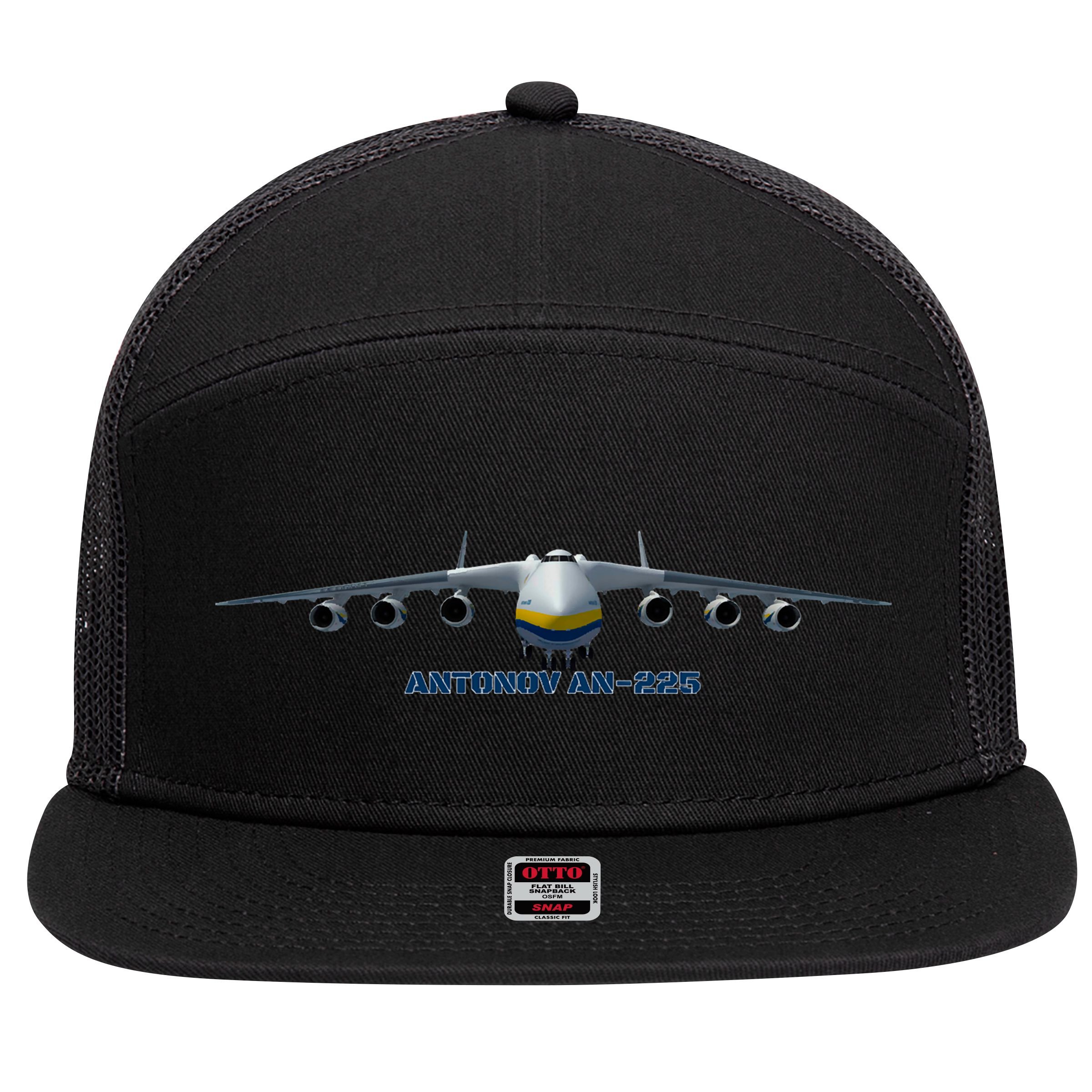 An225 Antonov Cargo Jet Plane Mriya Front Profile 7 Panel Mesh Trucker Snapback Hat