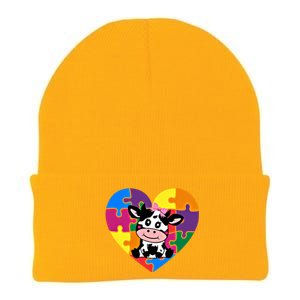 Autism Awareness Cow Heart ValentineS Day Puzzle Piece Gift Knit Cap Winter Beanie