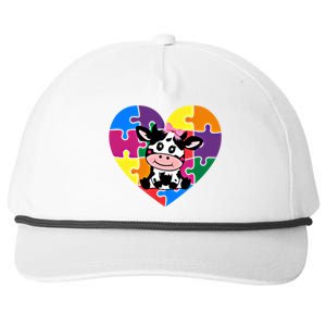 Autism Awareness Cow Heart ValentineS Day Puzzle Piece Gift Snapback Five-Panel Rope Hat