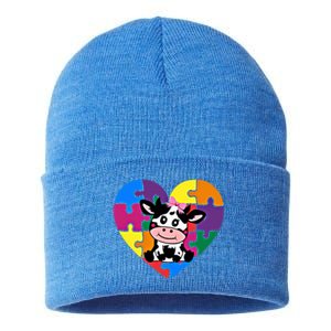 Autism Awareness Cow Heart ValentineS Day Puzzle Piece Gift Sustainable Knit Beanie