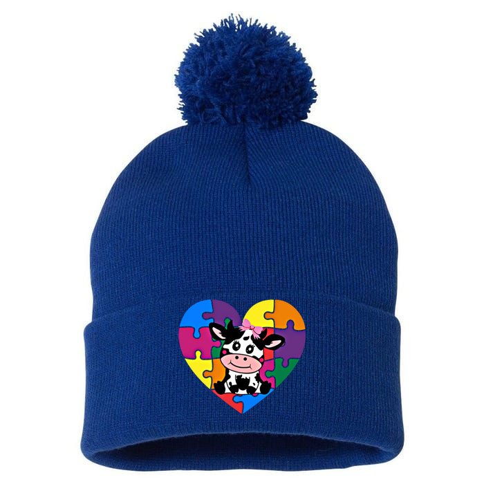 Autism Awareness Cow Heart ValentineS Day Puzzle Piece Gift Pom Pom 12in Knit Beanie