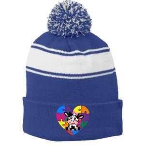 Autism Awareness Cow Heart ValentineS Day Puzzle Piece Gift Stripe Pom Pom Beanie