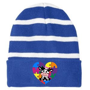 Autism Awareness Cow Heart ValentineS Day Puzzle Piece Gift Striped Beanie with Solid Band