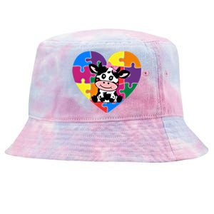 Autism Awareness Cow Heart ValentineS Day Puzzle Piece Gift Tie-Dyed Bucket Hat