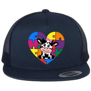 Autism Awareness Cow Heart ValentineS Day Puzzle Piece Gift Flat Bill Trucker Hat