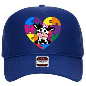 Autism Awareness Cow Heart ValentineS Day Puzzle Piece Gift High Crown Mesh Back Trucker Hat