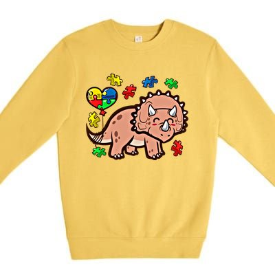 Autism Awareness Cute Triceratops Dinosaur Puzzle Heart Love Cute Gift Premium Crewneck Sweatshirt