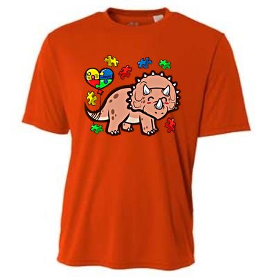 Autism Awareness Cute Triceratops Dinosaur Puzzle Heart Love Cute Gift Cooling Performance Crew T-Shirt