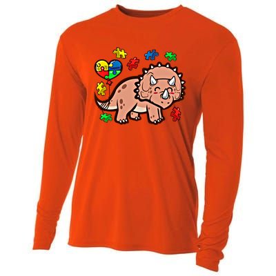 Autism Awareness Cute Triceratops Dinosaur Puzzle Heart Love Cute Gift Cooling Performance Long Sleeve Crew