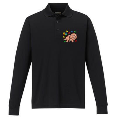 Autism Awareness Cute Triceratops Dinosaur Puzzle Heart Love Cute Gift Performance Long Sleeve Polo