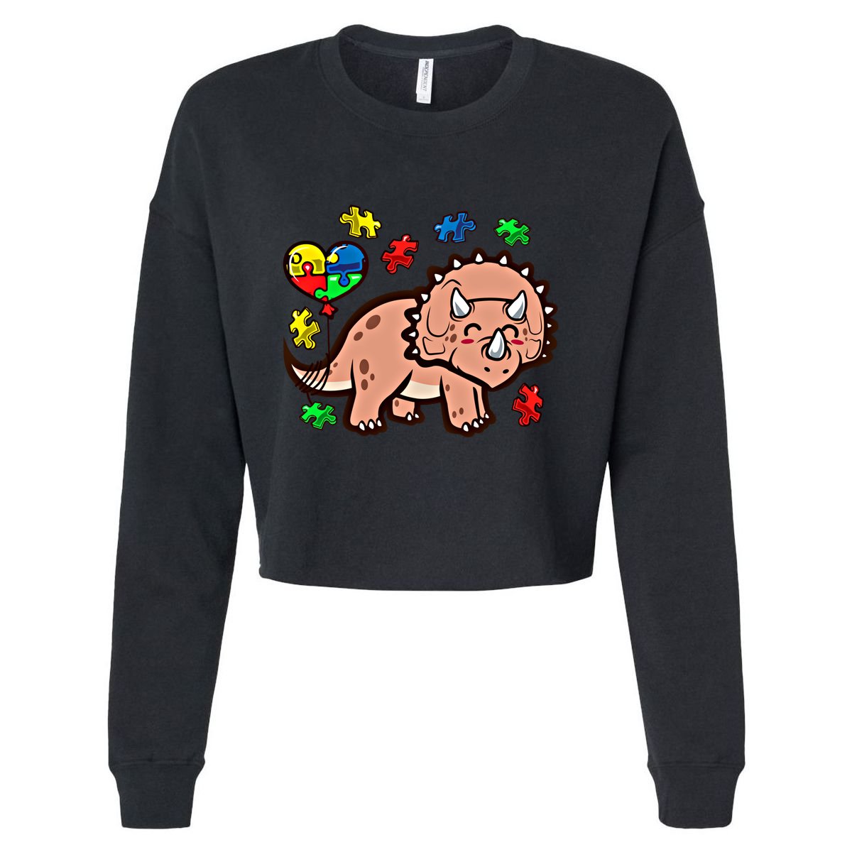 Autism Awareness Cute Triceratops Dinosaur Puzzle Heart Love Cute Gift Cropped Pullover Crew