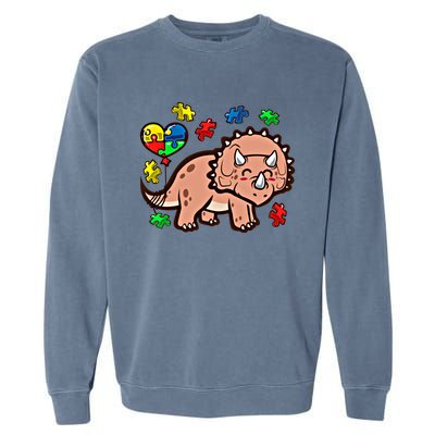 Autism Awareness Cute Triceratops Dinosaur Puzzle Heart Love Cute Gift Garment-Dyed Sweatshirt