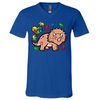 Autism Awareness Cute Triceratops Dinosaur Puzzle Heart Love Cute Gift V-Neck T-Shirt