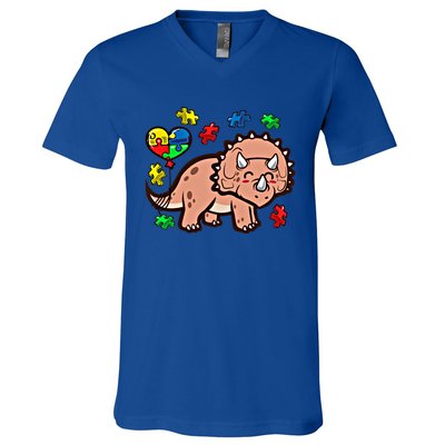 Autism Awareness Cute Triceratops Dinosaur Puzzle Heart Love Cute Gift V-Neck T-Shirt