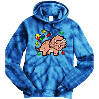 Autism Awareness Cute Triceratops Dinosaur Puzzle Heart Love Cute Gift Tie Dye Hoodie