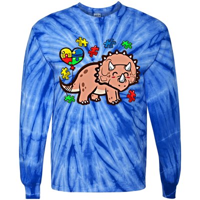 Autism Awareness Cute Triceratops Dinosaur Puzzle Heart Love Cute Gift Tie-Dye Long Sleeve Shirt