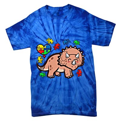 Autism Awareness Cute Triceratops Dinosaur Puzzle Heart Love Cute Gift Tie-Dye T-Shirt