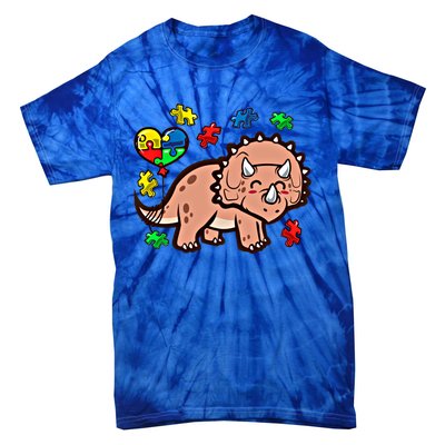 Autism Awareness Cute Triceratops Dinosaur Puzzle Heart Love Cute Gift Tie-Dye T-Shirt