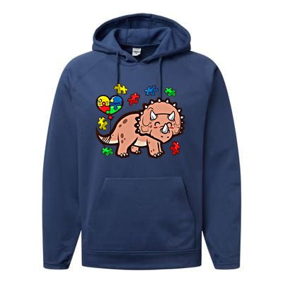 Autism Awareness Cute Triceratops Dinosaur Puzzle Heart Love Cute Gift Performance Fleece Hoodie