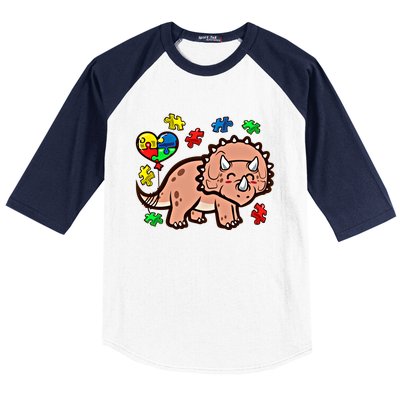 Autism Awareness Cute Triceratops Dinosaur Puzzle Heart Love Cute Gift Baseball Sleeve Shirt