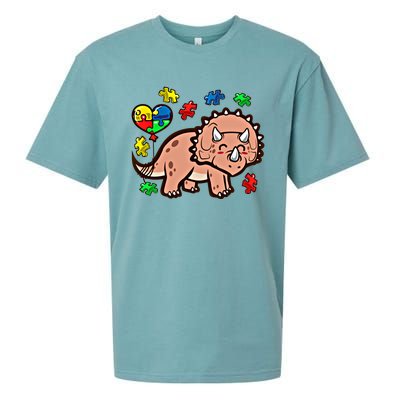 Autism Awareness Cute Triceratops Dinosaur Puzzle Heart Love Cute Gift Sueded Cloud Jersey T-Shirt