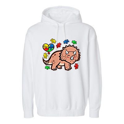 Autism Awareness Cute Triceratops Dinosaur Puzzle Heart Love Cute Gift Garment-Dyed Fleece Hoodie