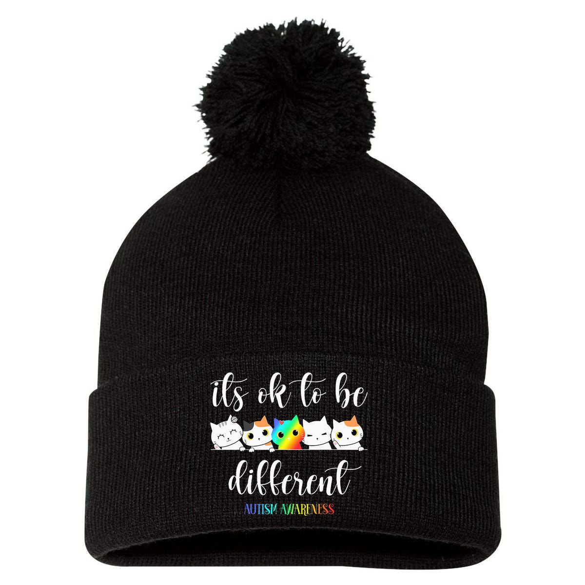 Autism Awareness Cat Its Ok To Be Different Autistic Pom Pom 12in Knit Beanie