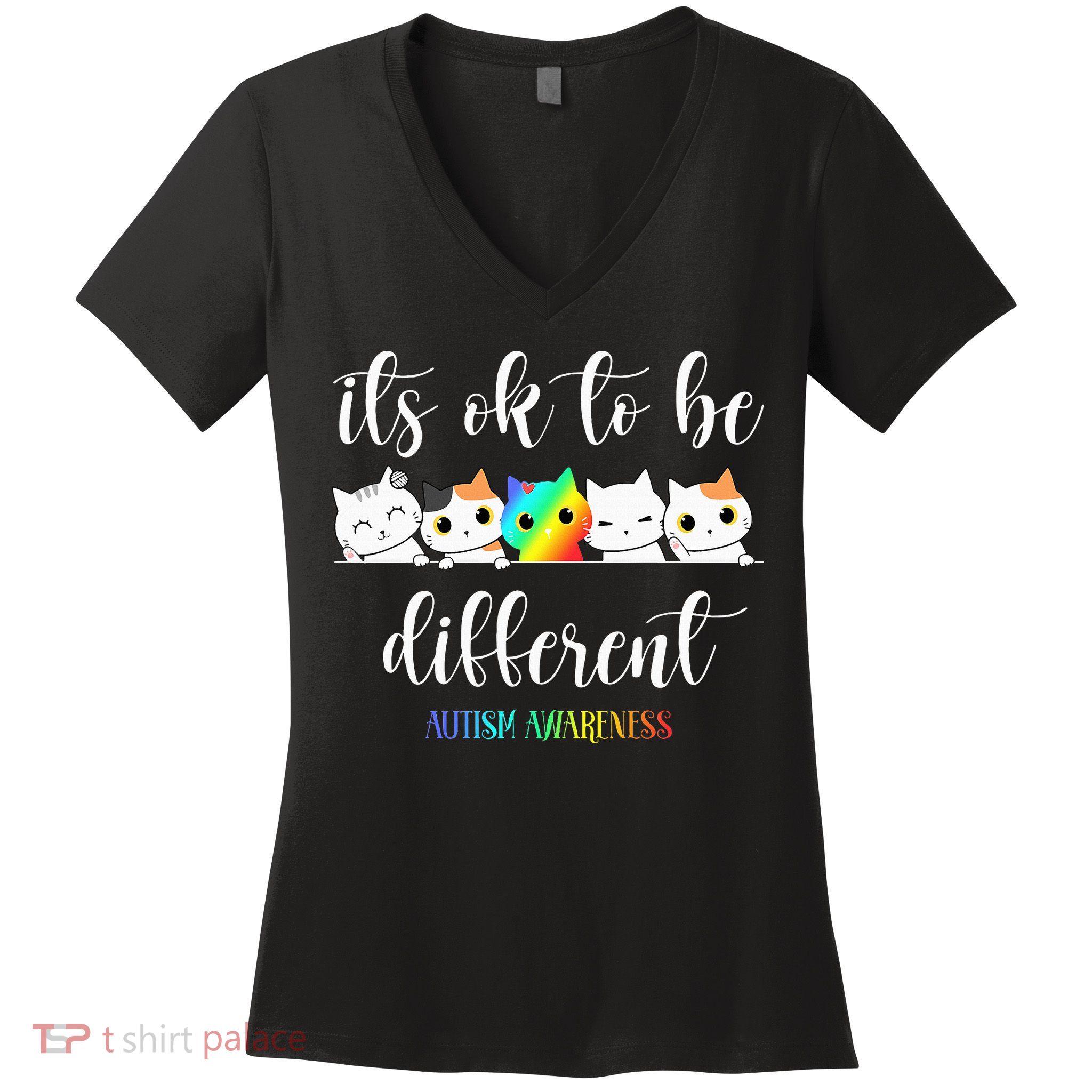 Autism Awareness Cat Its Ok To Be Different Autistic Women's V-Neck T-Shirt