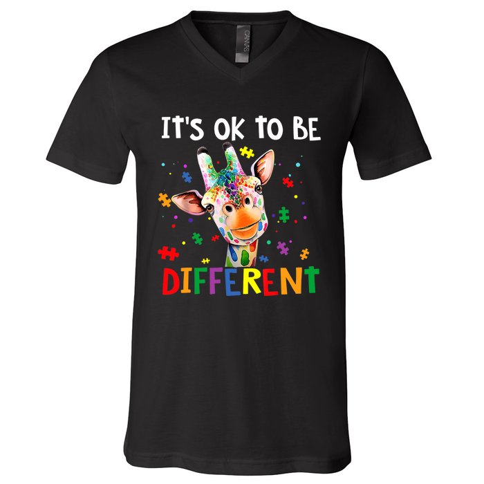 Autism Awareness Cute Giraffe Animal It's Ok To Be Different V-Neck T-Shirt