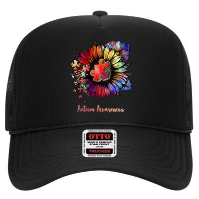 Autism Awareness Colorful Sunflower High Crown Mesh Back Trucker Hat