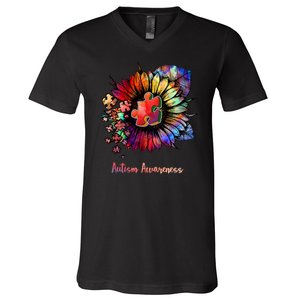 Autism Awareness Colorful Sunflower V-Neck T-Shirt