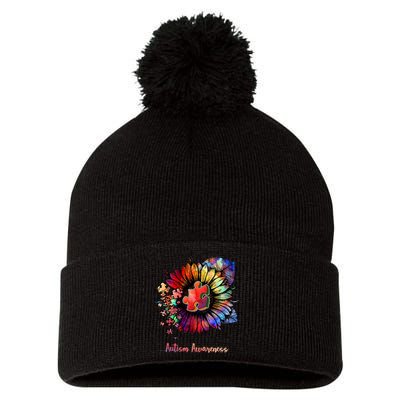 Autism Awareness Colorful Sunflower Pom Pom 12in Knit Beanie