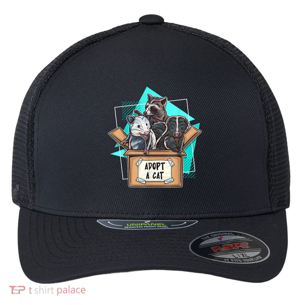 Adopt A Cat Raccoon Opossum SKunk StreetCat Trash Panda Flexfit Unipanel Trucker Cap